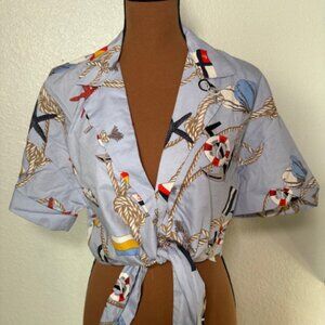 ZARA Nautical Rope & Anchor Print Tie Front Top – Size M